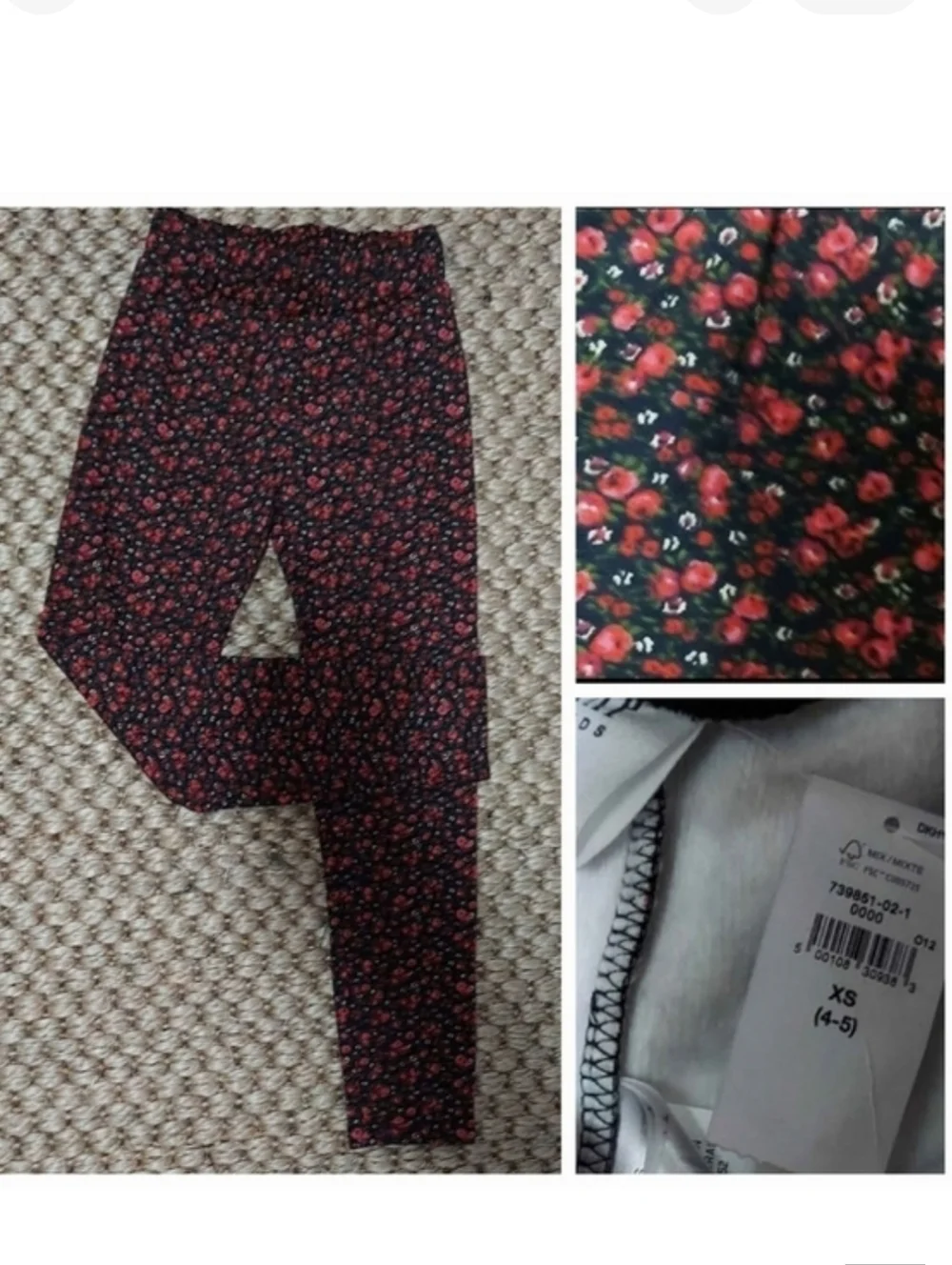 NWT GAP Kids Fleece Lined Black Leggings with Red Floral Pattern ~XS(4-5)